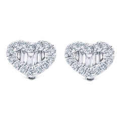 18kt white gold round and baguette diamond heart earrings.