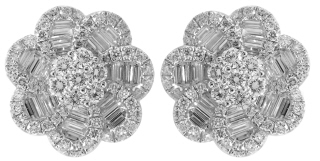 18kt white gold baguette and round diamond flower earrings
