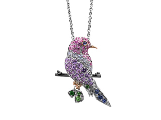 18kt white gold multi-color stone and diamond bird pendant with chain