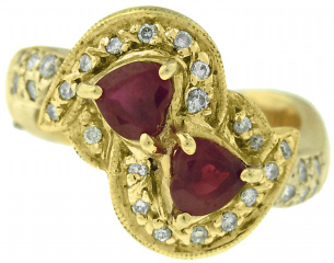 14kt yellow gold heart shape ruby and diamond ring