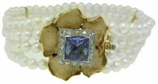 14kt yellow gold pearl, diamond & Syn Sapphire bracelet
