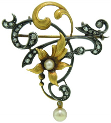 18kt yellow gold and silver Art Nouveau diamond and pearl pin