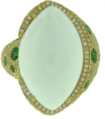 18kt yellow gold white agate, green garnet and diamond ring