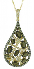 18kt rose gold smokey quartz, brown and white diamond pendant with chain