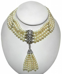 4-strand pearl choker with 14kt wg diamond clasp and platinum diamond attachment