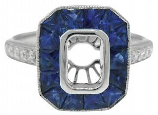 18kt white gold french cut sapphire and diamond semi-mount