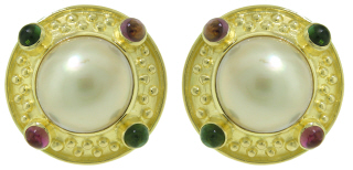 18kt yellow gold multi-color semi precious stone and mabe pearl earrings