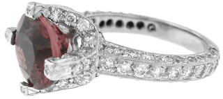 Platinum pink tourmaline and pave set diamond ring